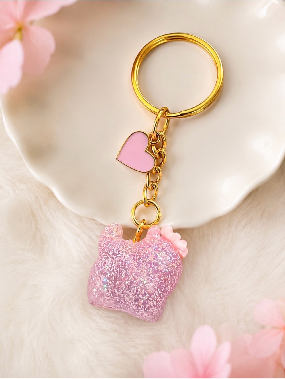 Pink Glitter Kitty Charm Keychain - Gold Hardware
